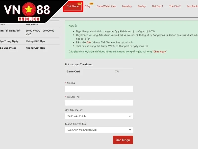 Nạp tiền qua thẻ game
